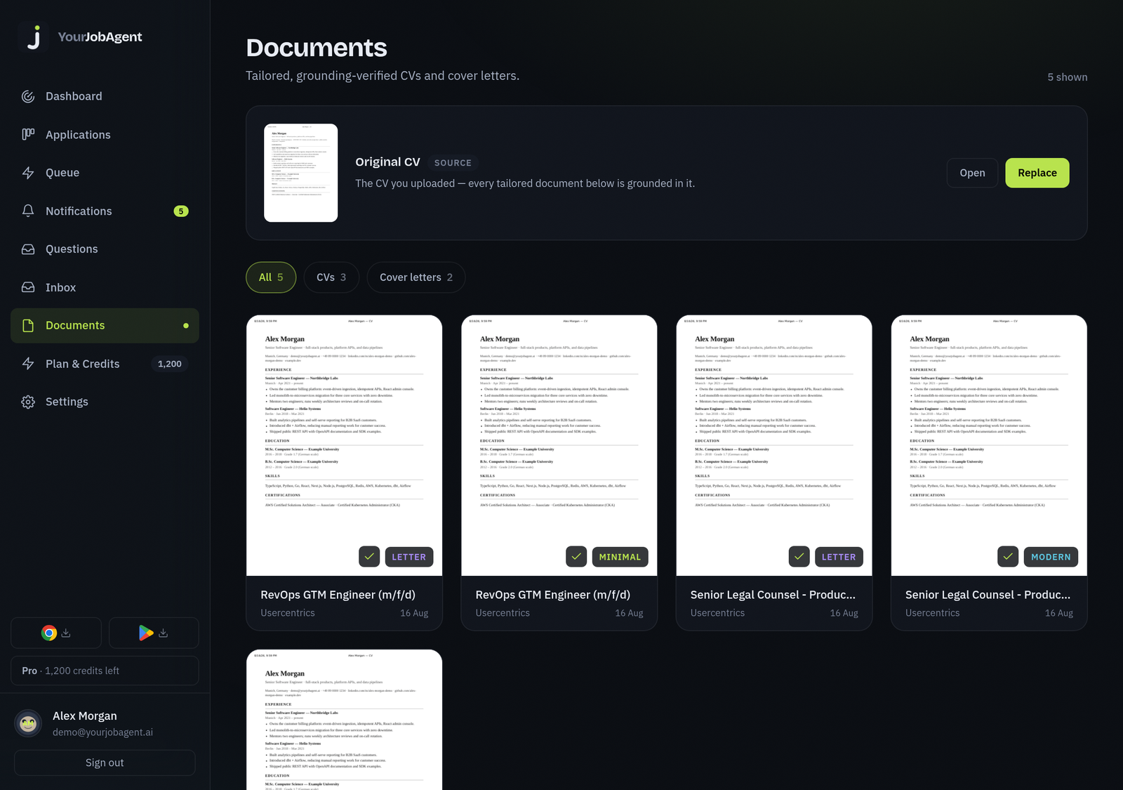 Documents: the uploaded original CV and the role-specific CVs and cover letters generated from it.