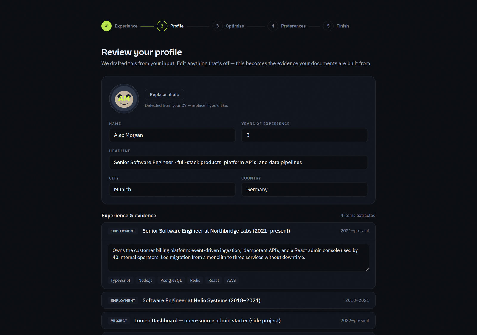 Profile import: detected roles and skills awaiting confirmation.